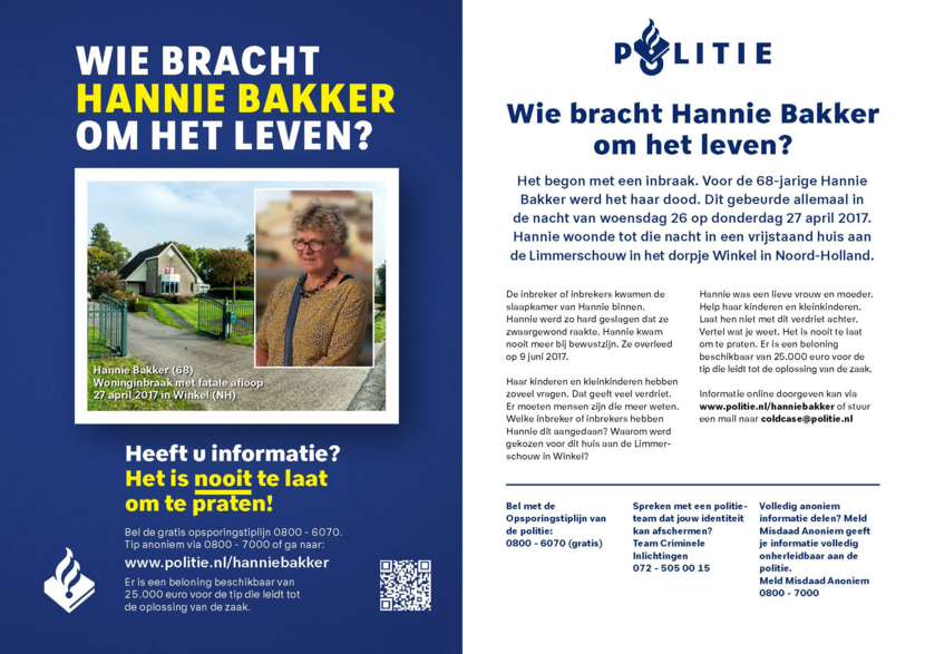 Afbeelding flyer cold case Hannie Bakker