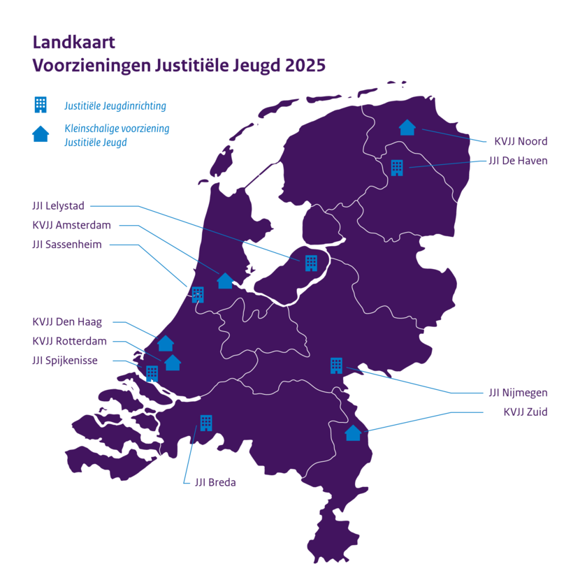 Illustratie landkaart locaties voorzieningen justitiele jeugdinrichtingen